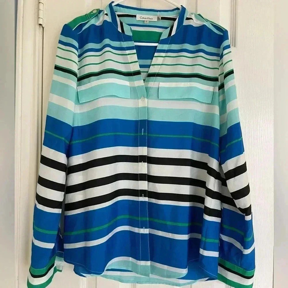 Calvin Klein Striped Black Blue White and Green Blouse Size small - Picture 1 of 4